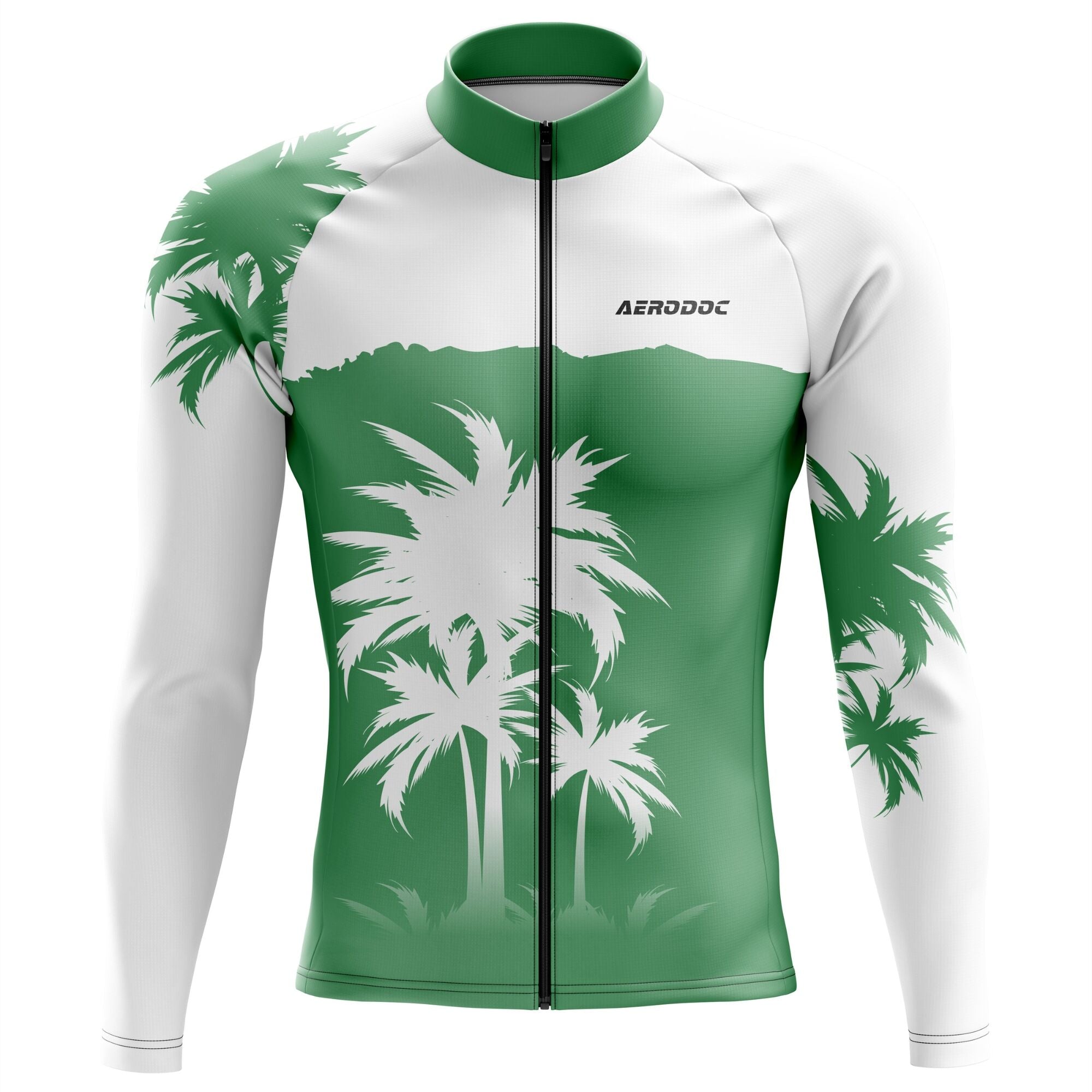 Green and white cycling jersey with palm tree design on a white background