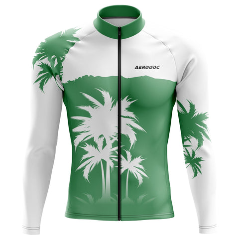 Green and white cycling jersey with palm tree design on a white background