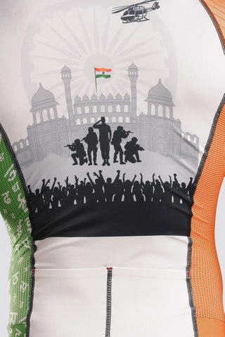 A male model wearing a AERODOC trisuit back side close view. The trisuit features a white center with a faint map graphic, orange sleeves, and green patterned sides, with the Indian flag colors (saffron, white, and green) running vertically.