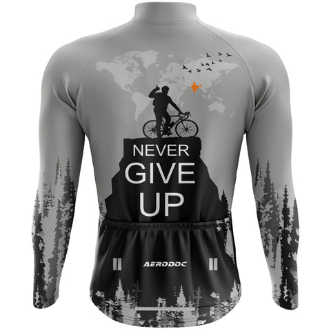 Never Give Up full sleeve jersey back view - Aerodoc motivational cycling wear

