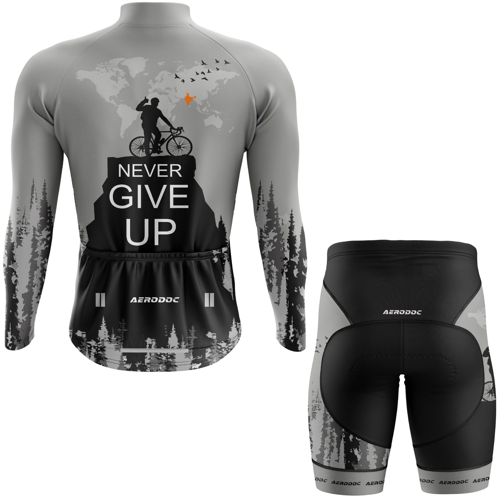 Never Give Up full sleeve jersey and non-bib shorts combo - back view

