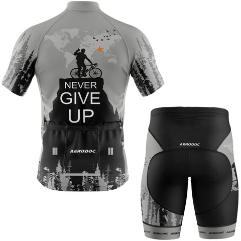 Never Give Up half sleeve jersey and non-bib shorts combo - back view

