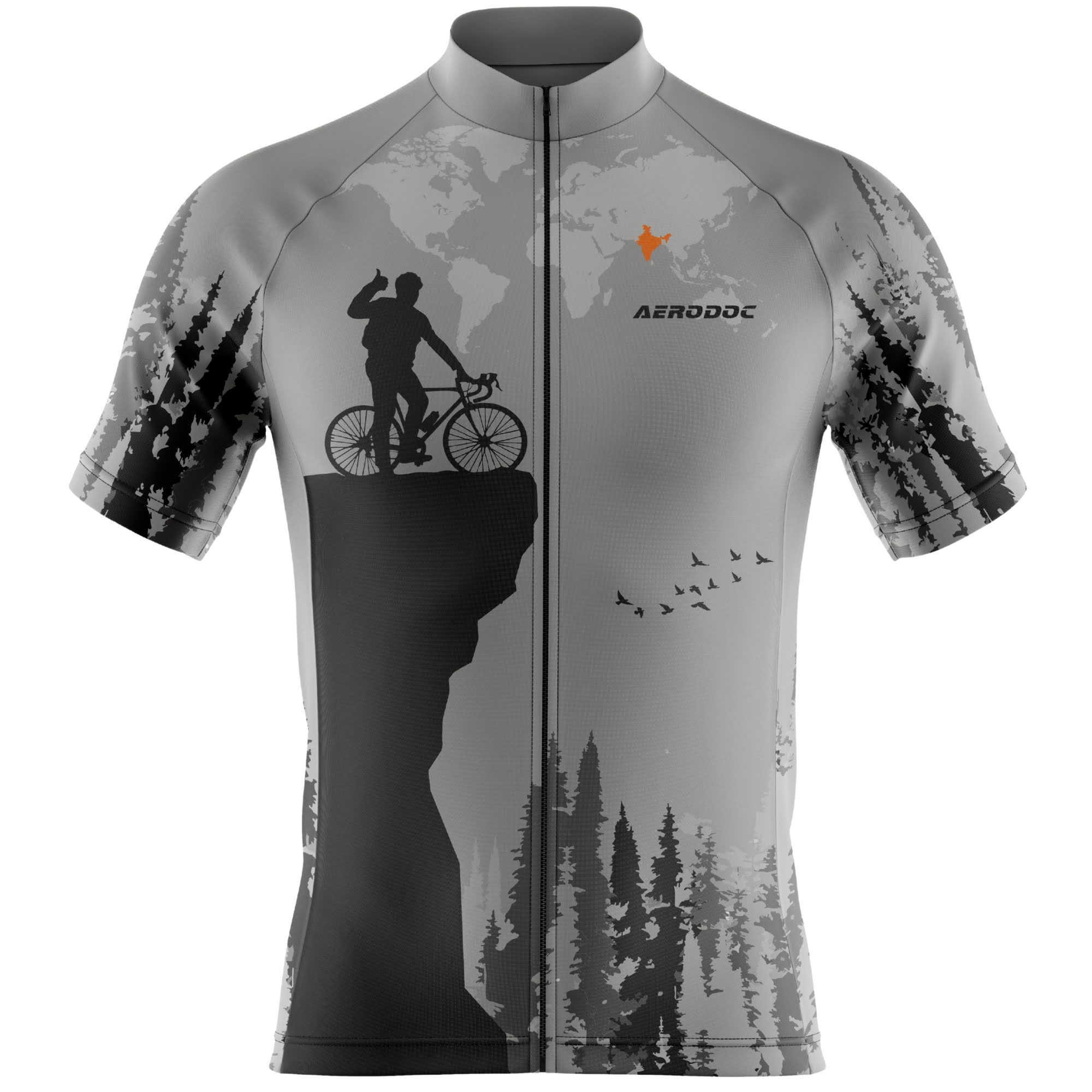 Half sleeve jersey front view with grey mountain graphic - Aerodoc cycling jersey

