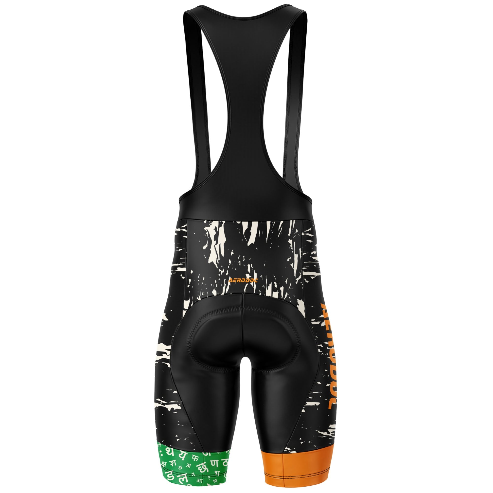 Rear View of Tricolor Bib Shorts – Black Base with Green and Orange Leg Cuffs