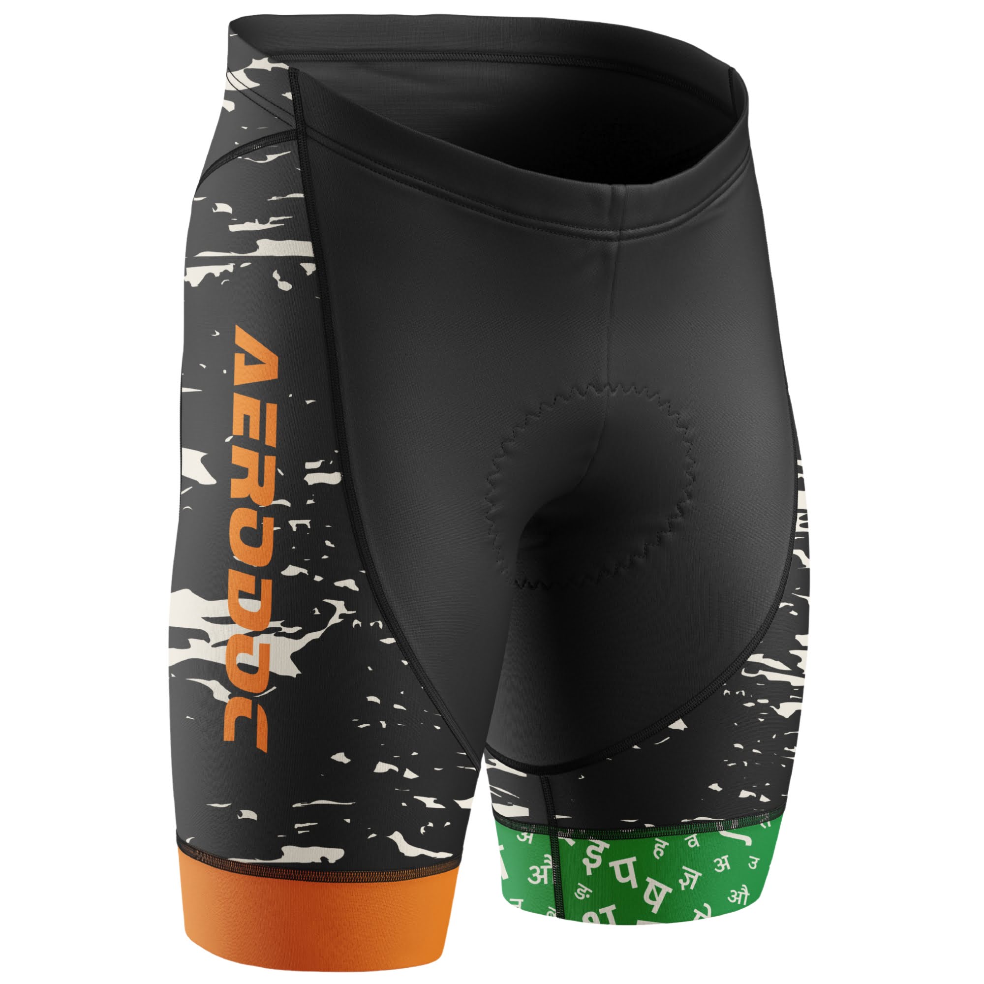Tricolor Non-Bib Cycling Shorts – Front View with Orange Leg Band