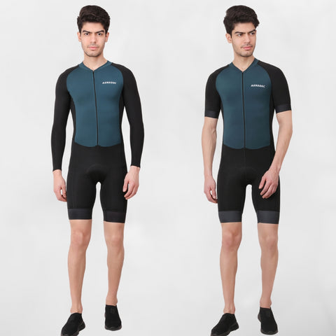 Front view of Aerodoc Mineral Green Men Triathlon Suit in both long-sleeve and short-sleeve options, designed for cycling, running, and swimming.