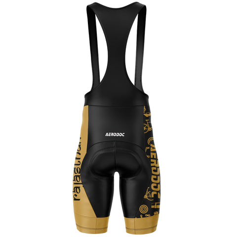 Black and gold cycling bib shorts with 'Aerodoc' branding on a white background