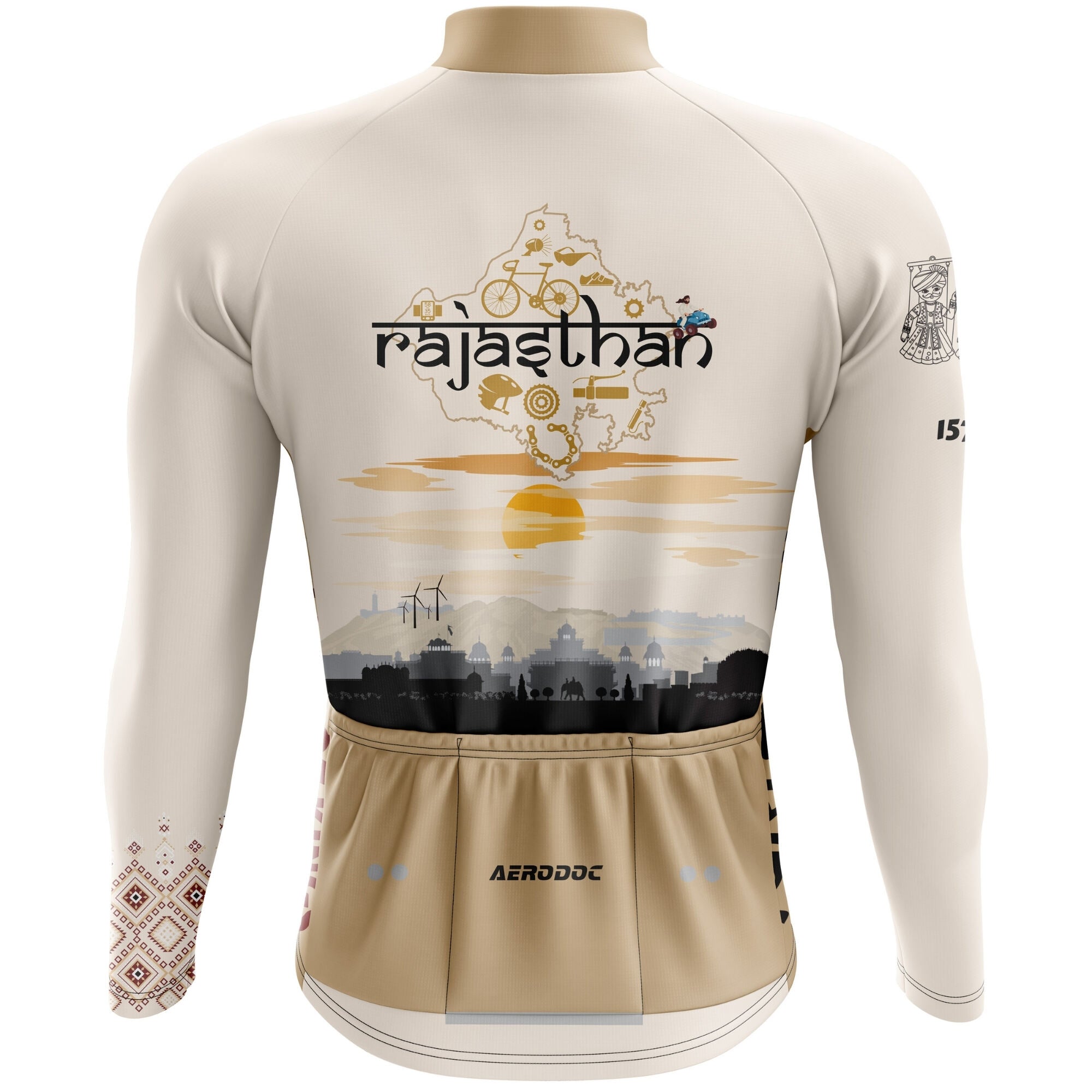 Beige and brown cycling jersey with Rajasthan design on a white background
