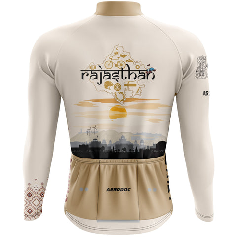 Beige and brown cycling jersey with Rajasthan design on a white background