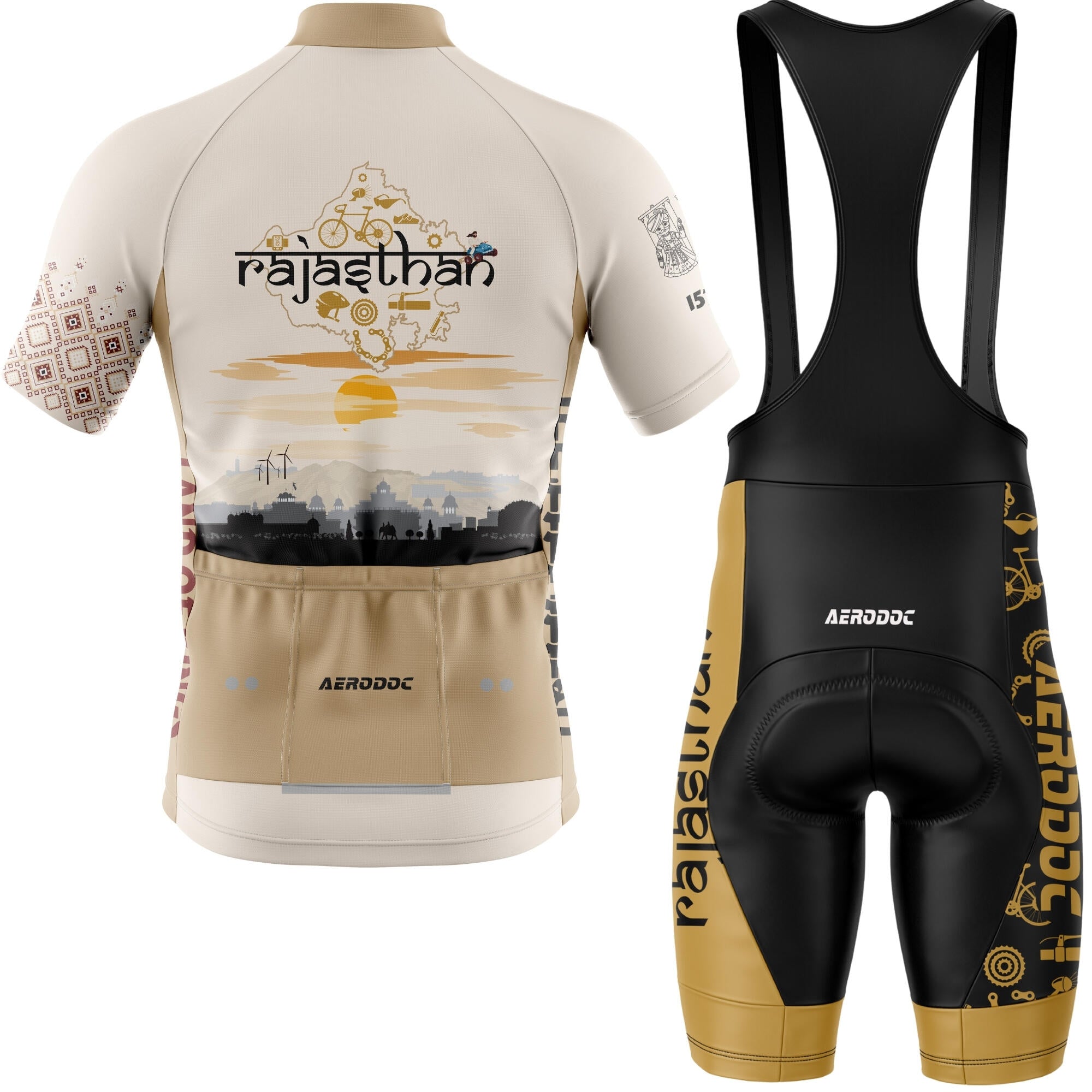 Cycling jersey and bib shorts with 'Rajasthan' design on a white background