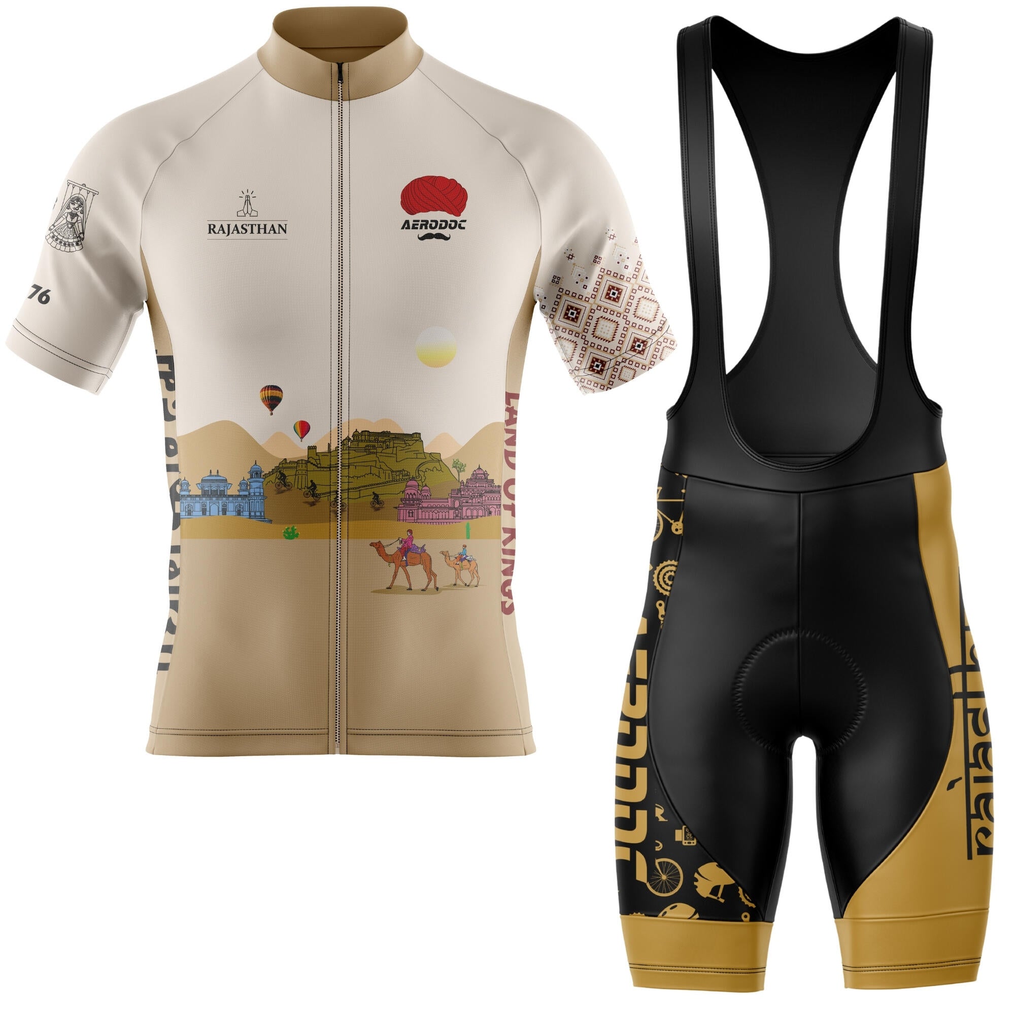 Rajasthan inspired cycling jersey front view with heritage artwork