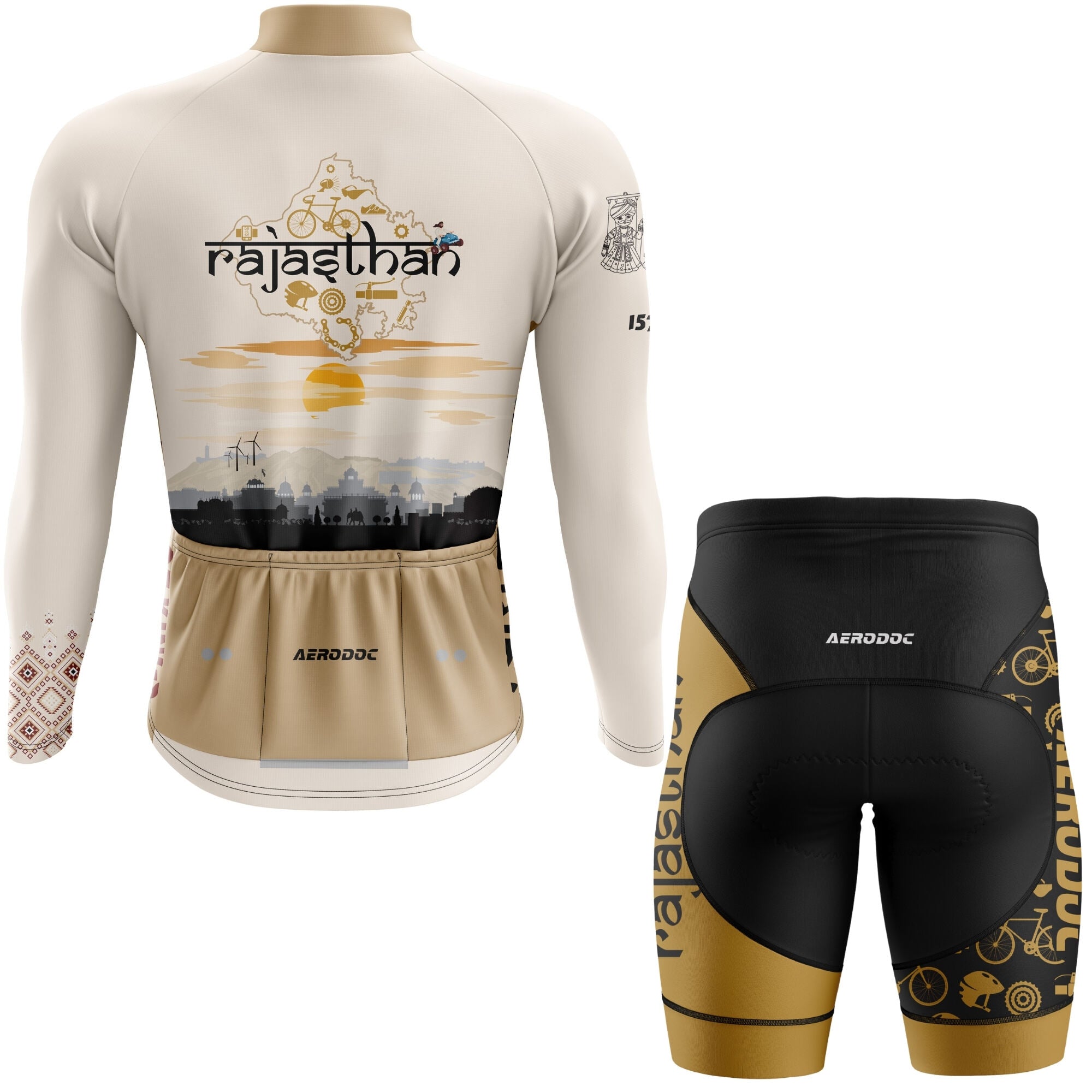 Cycling jersey and shorts with Rajasthan design on a white background
