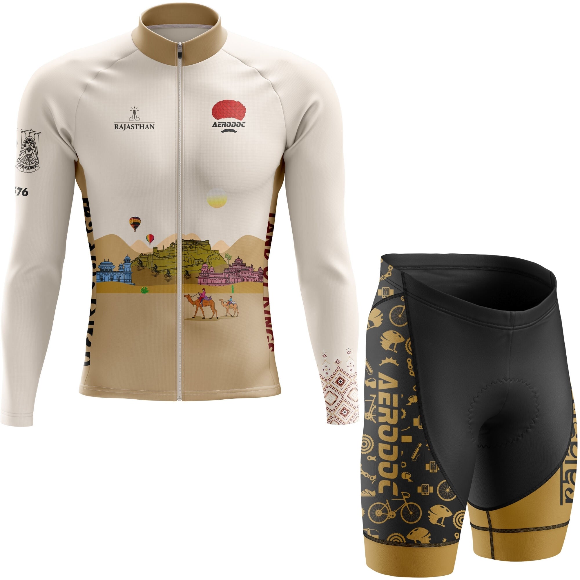 Cycling jersey and shorts with desert-themed design on a white background