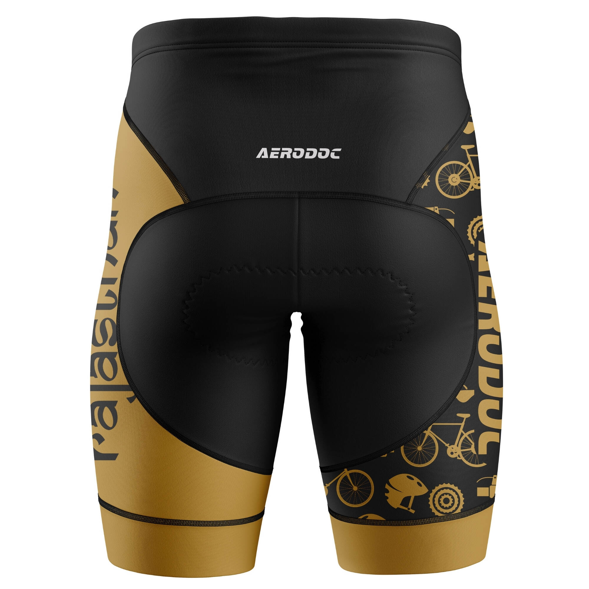 Black and gold cycling shorts with 'Aerodoc' branding on a white background
