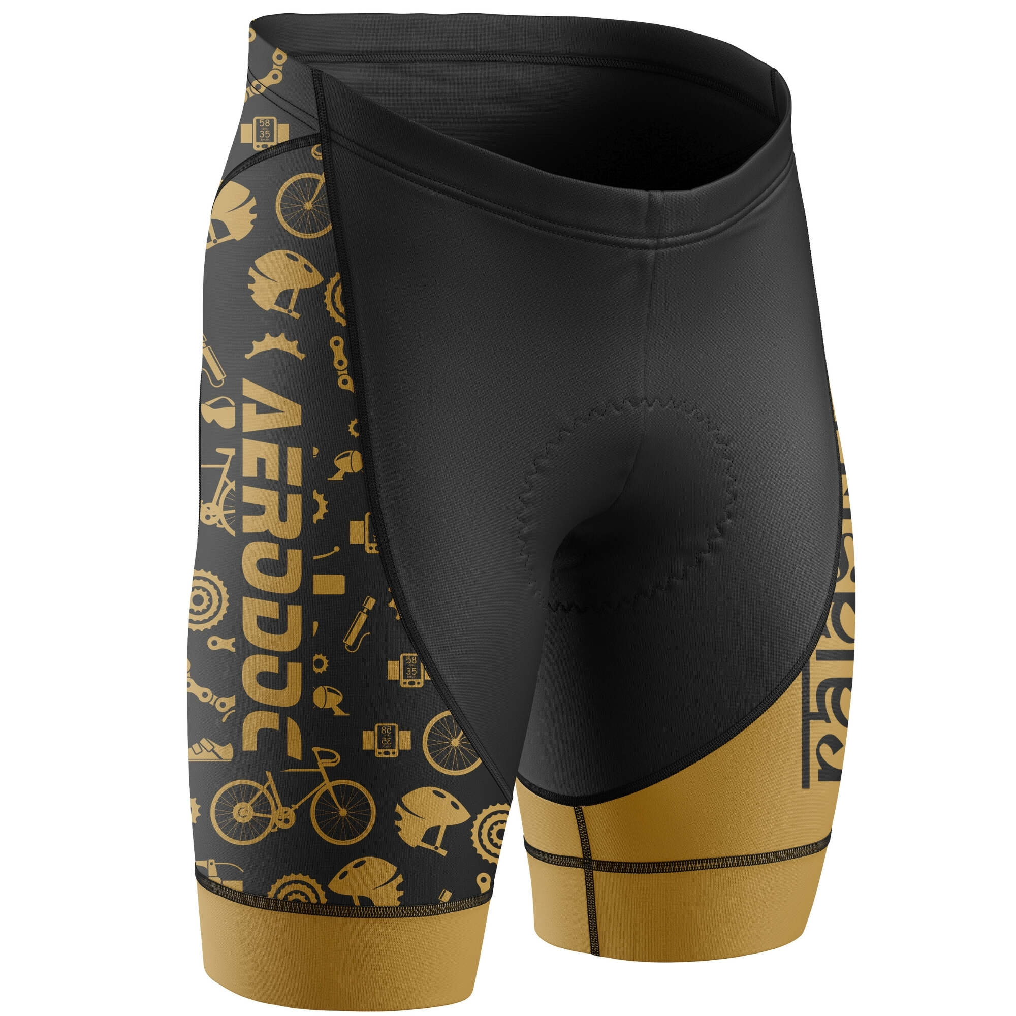 Black and gold cycling shorts with brand logos on a white background