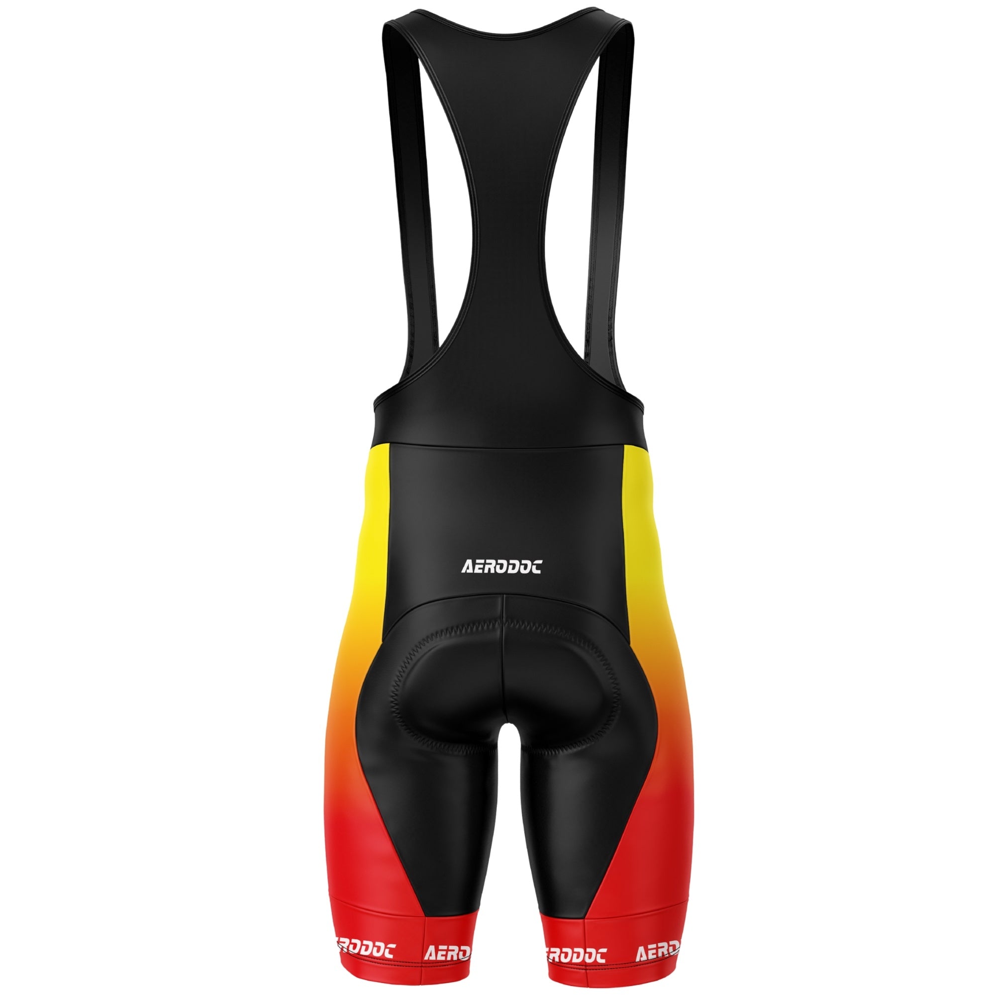 Black cycling bib shorts with red and yellow gradient design on a white background
