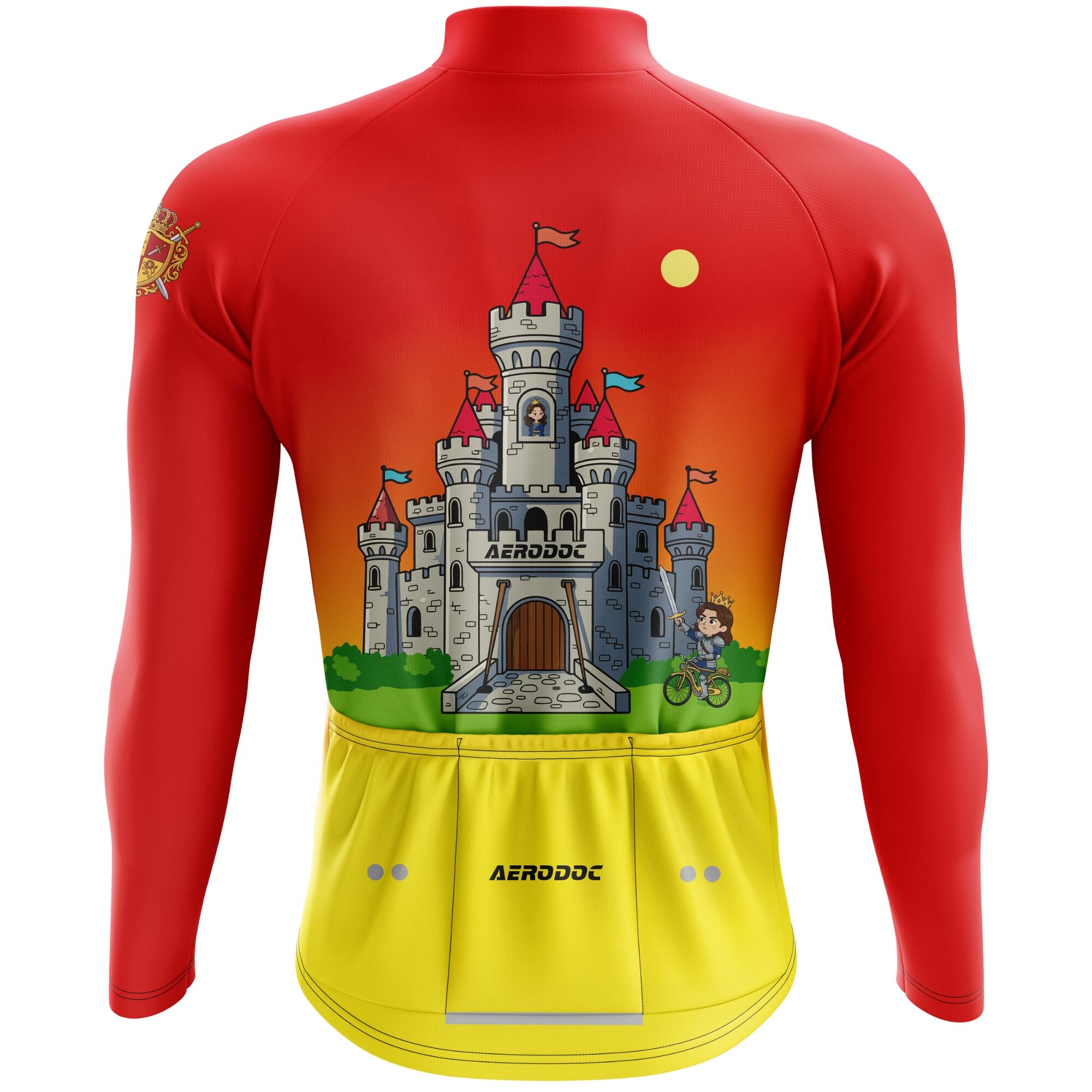 Red and yellow cycling jersey with a castle design on the back