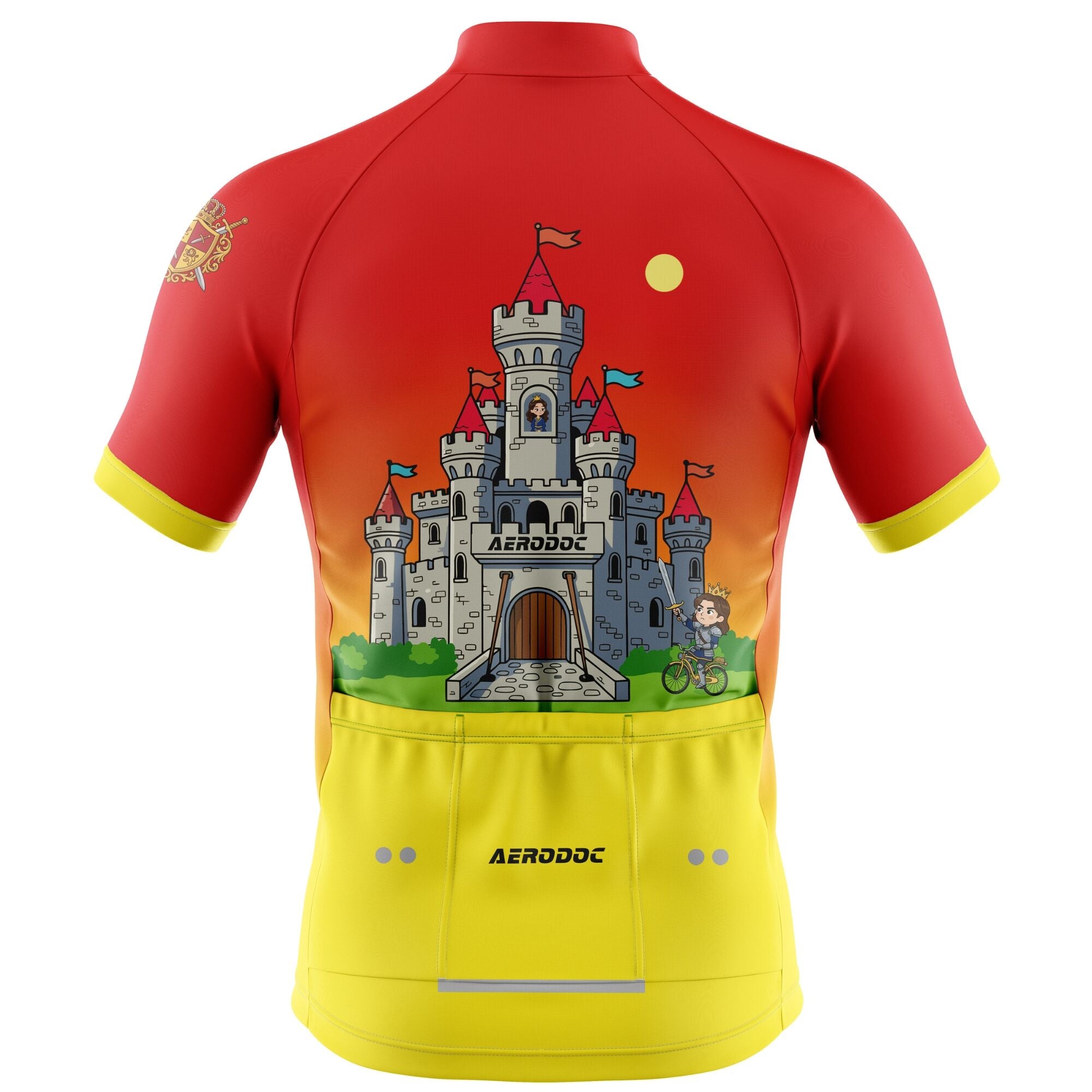 Cycling jersey with a castle design and 'Aerodoc' branding on a white background