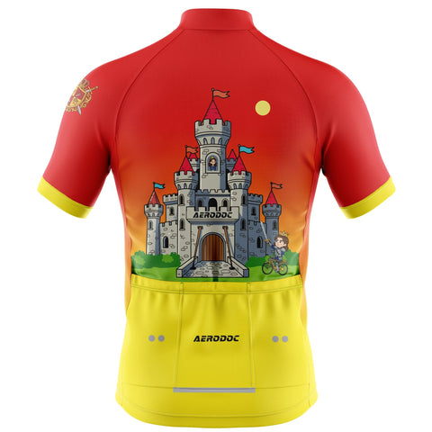 Cycling jersey with a castle design and 'Aerodoc' branding on a white background