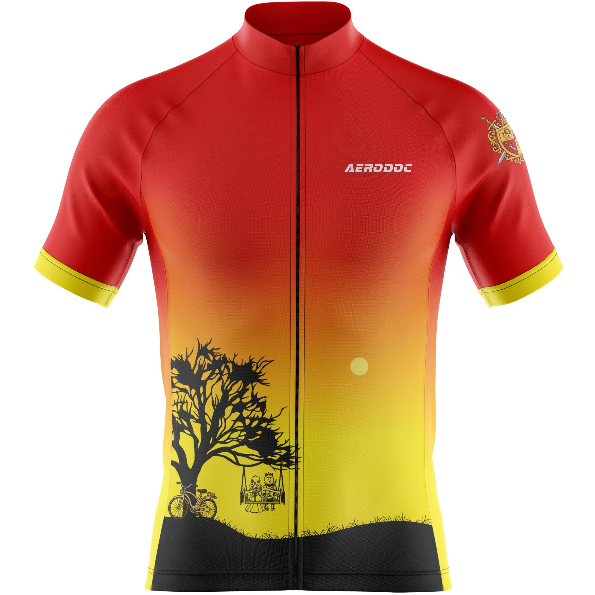 Red, orange, and yellow cycling jersey with tree and swing design on a white background