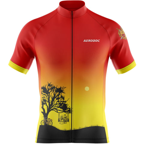 Red, orange, and yellow cycling jersey with tree and swing design on a white background