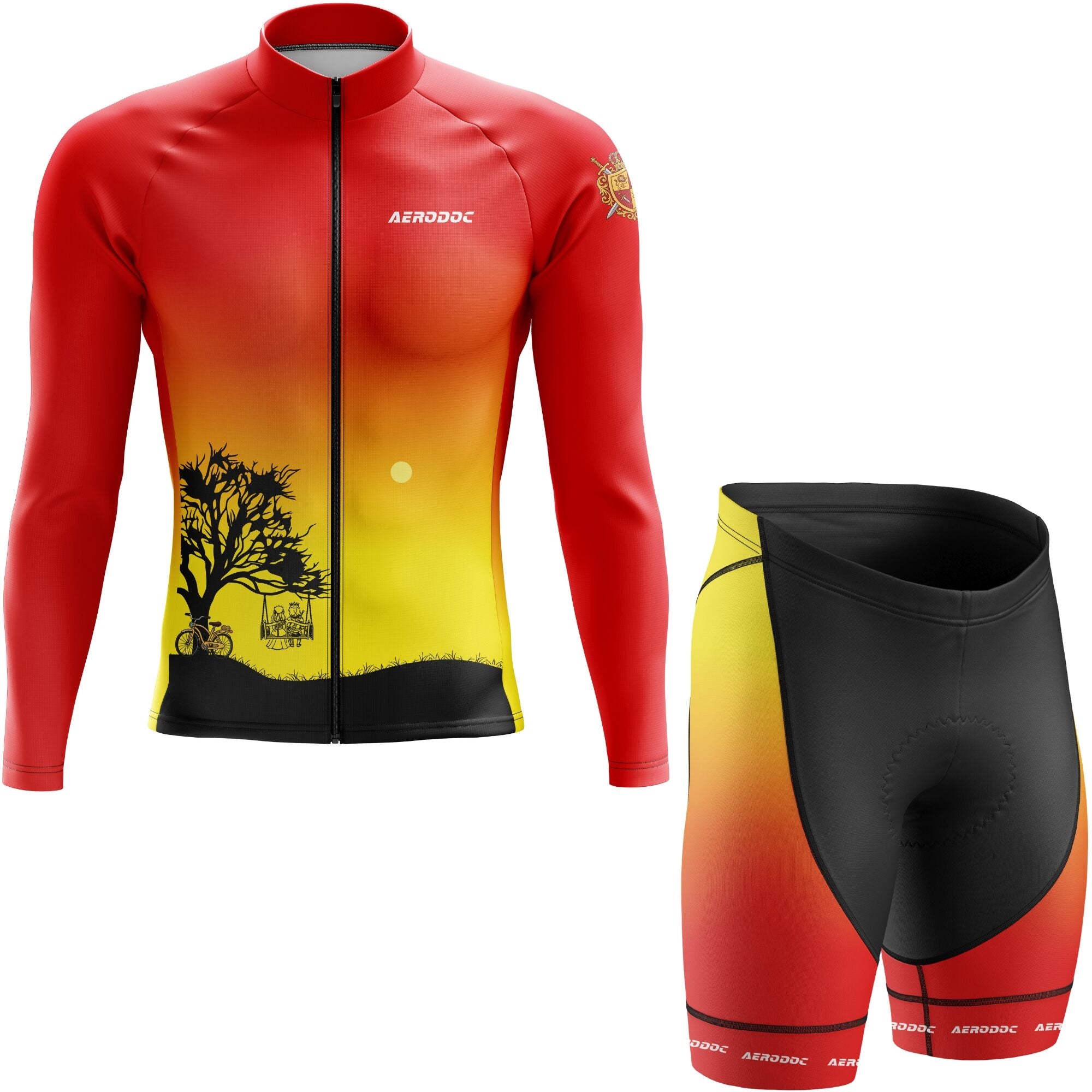 Cycling jersey and bib shorts with red, yellow, and black design on a white background