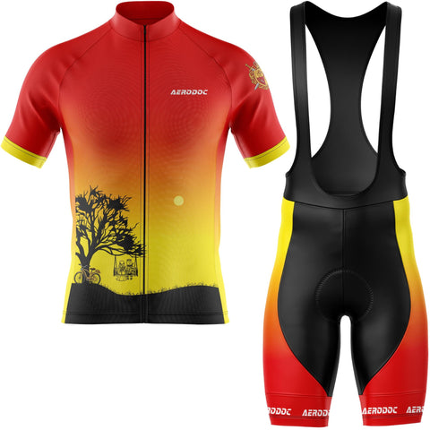 Cycling jersey and bib shorts with gradient design and Aerodoc branding on a white background.