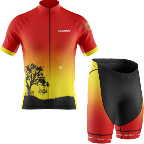 Cycling jersey and shorts set with gradient design on a white background