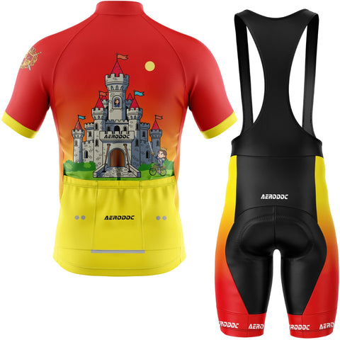 Cycling jersey and bib shorts with castle design and Aerodoc branding on a white background