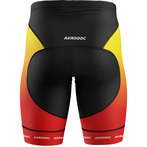 Black, yellow, and red cycling shorts with 'Aerodoc' branding on a white background