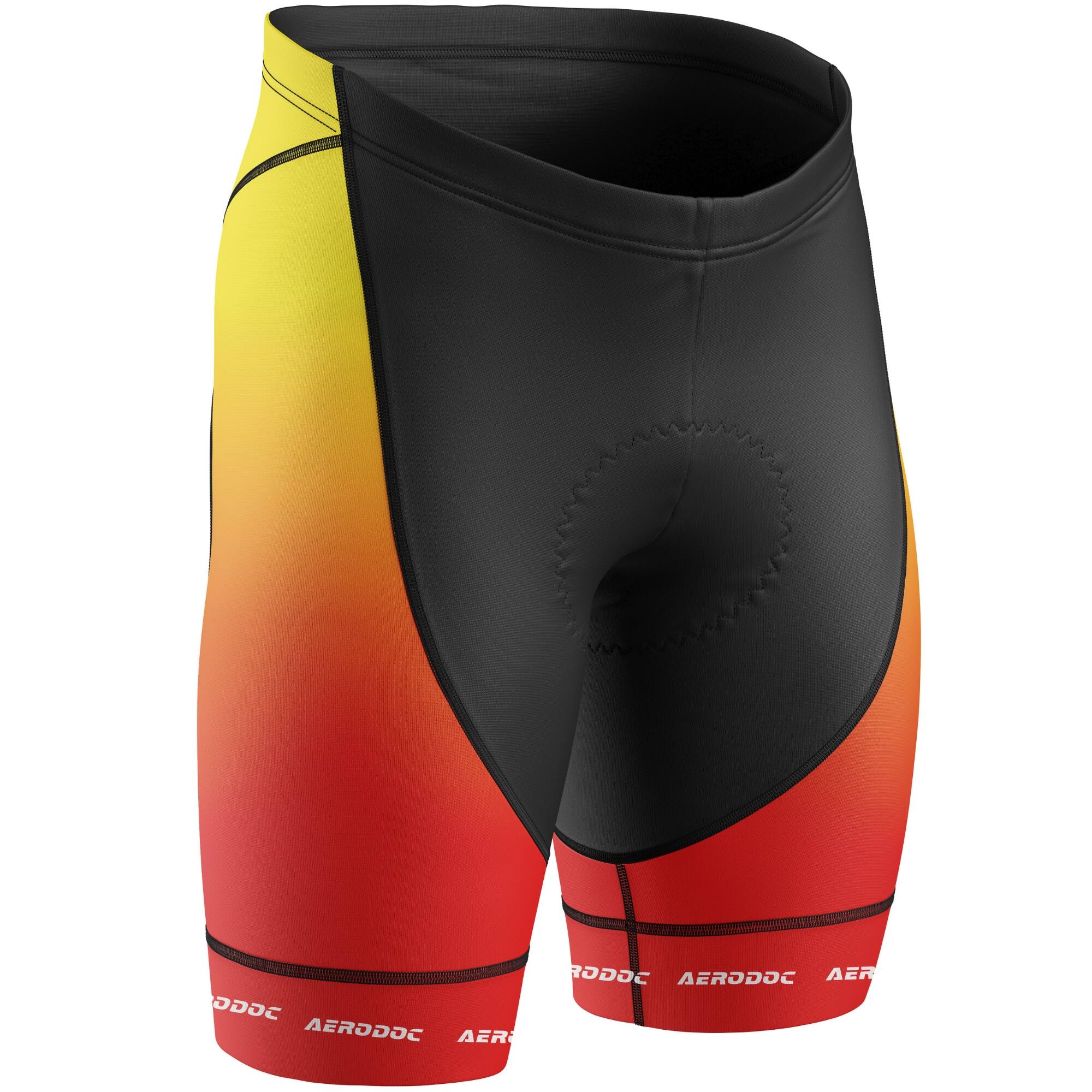 Cycling shorts with a gradient design from yellow to red on a white background