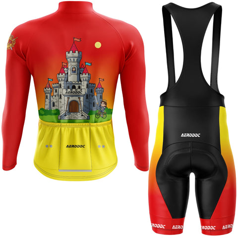 Cycling outfit with red and yellow jersey and black bib shorts featuring a castle design on a white background.