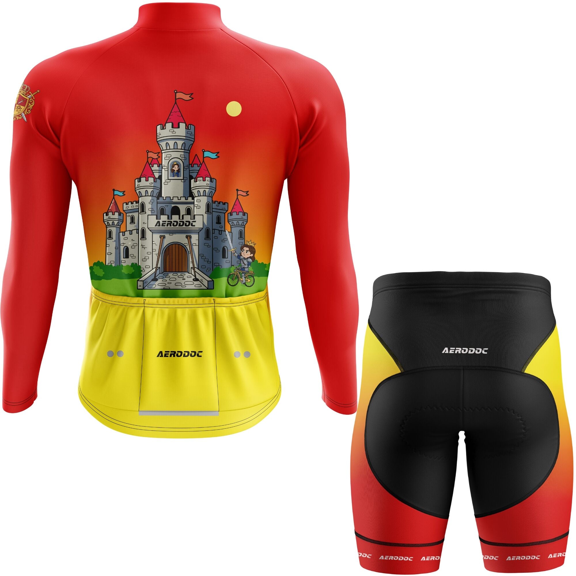 Cycling jersey and shorts set with castle design on a white background