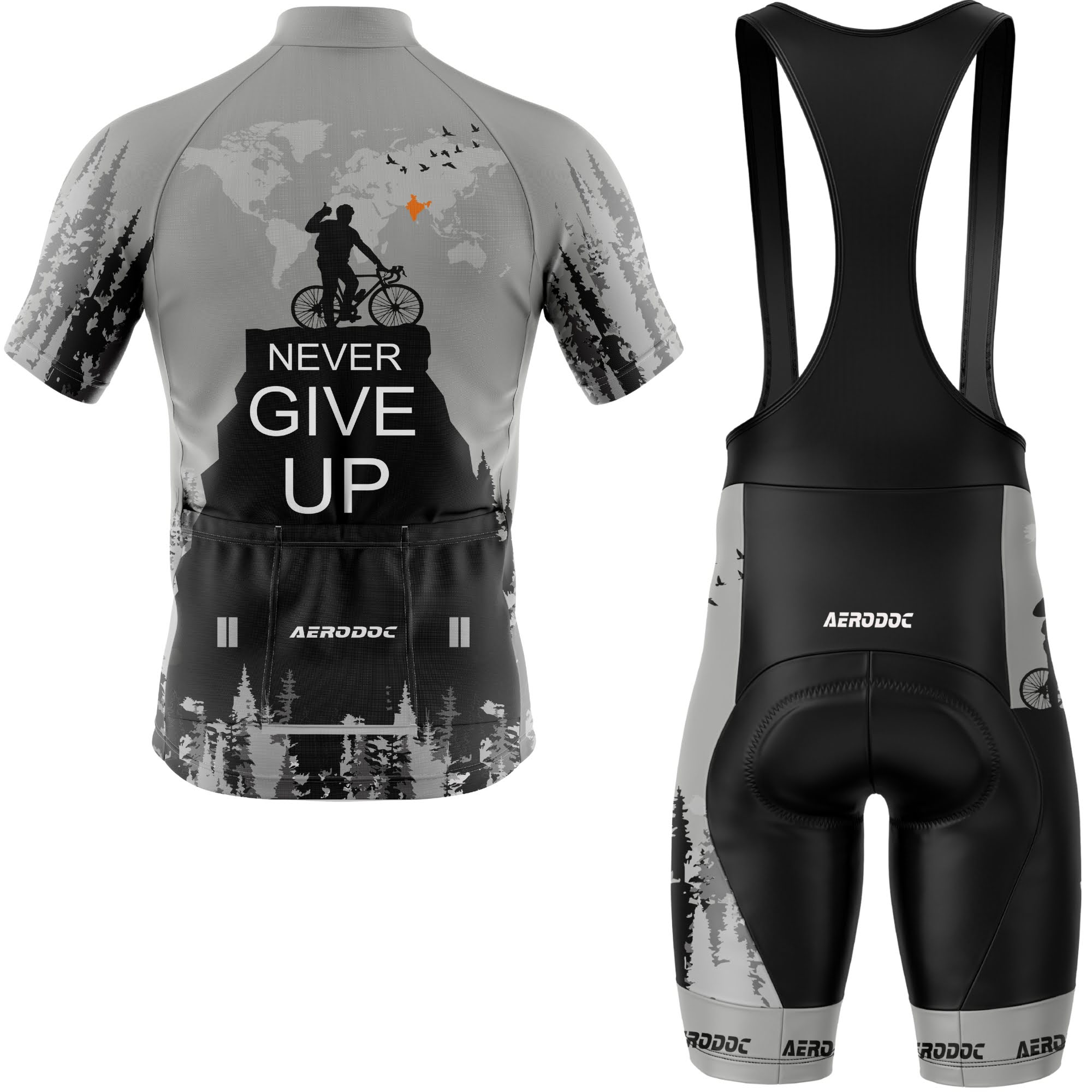Cycling jersey with "Never Give Up" message - half sleeve and Bib Shorts back view

