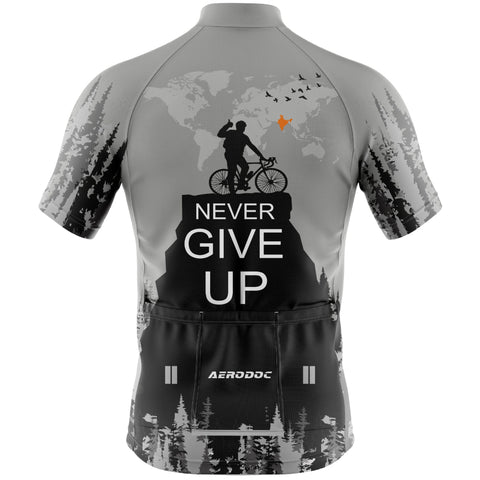 Cycling jersey with "Never Give Up" message - half sleeve back view

