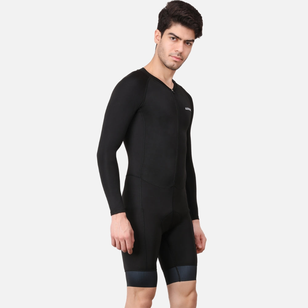 Detailed view of the breathable Lycra fabric in the Aerodoc Black Men Triathlon Suit, designed for comfort and quick-drying performance.