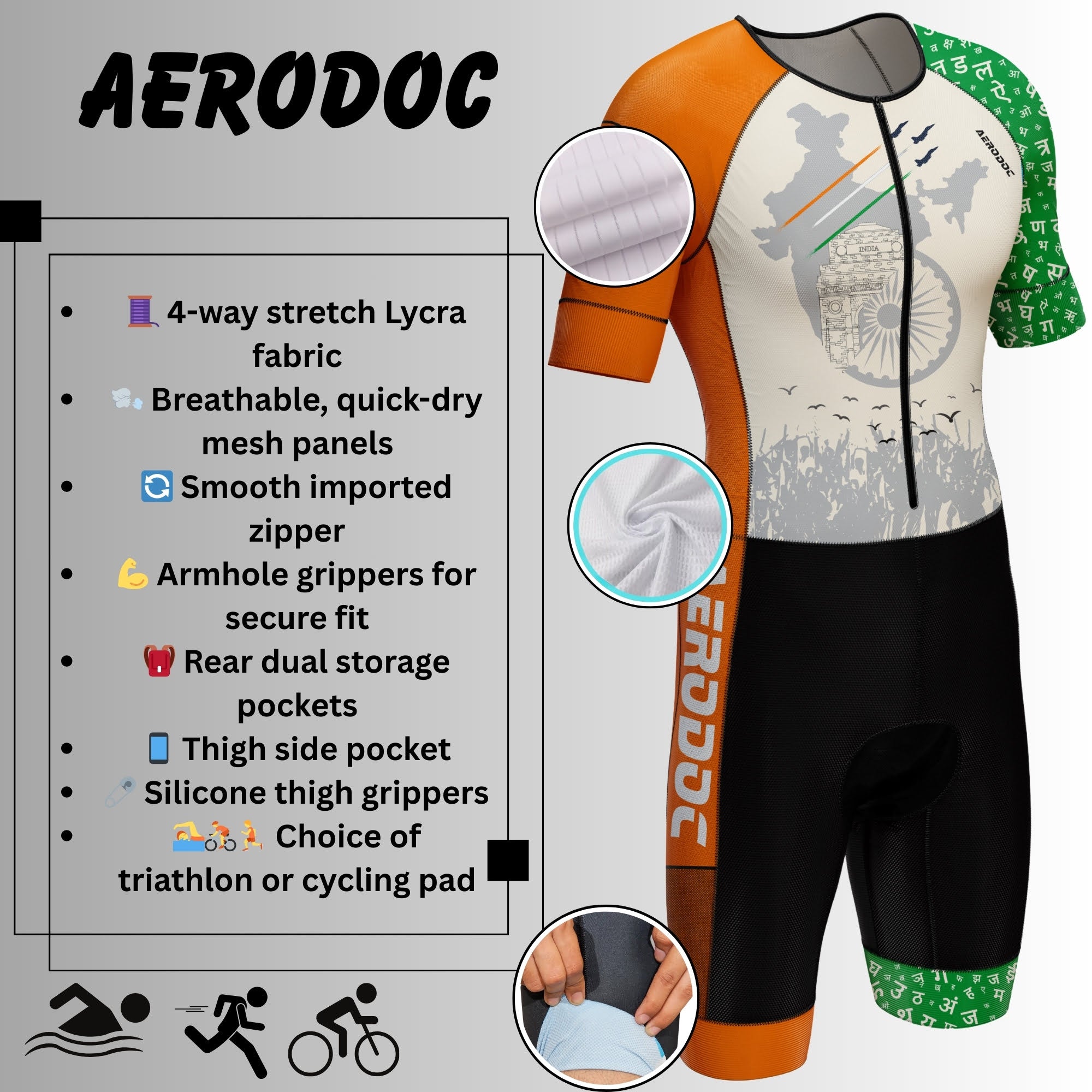 Features of Aerodoc Tricolor Freedom Gear Triathlon Suit for Men and Women