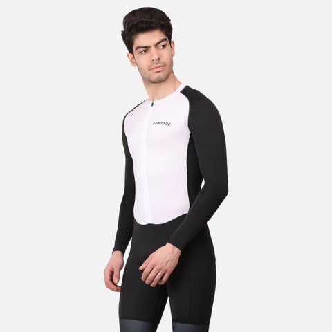 Side view of the Aerodoc White Men Triathlon Suit demonstrating its aerodynamic fit and modern design.