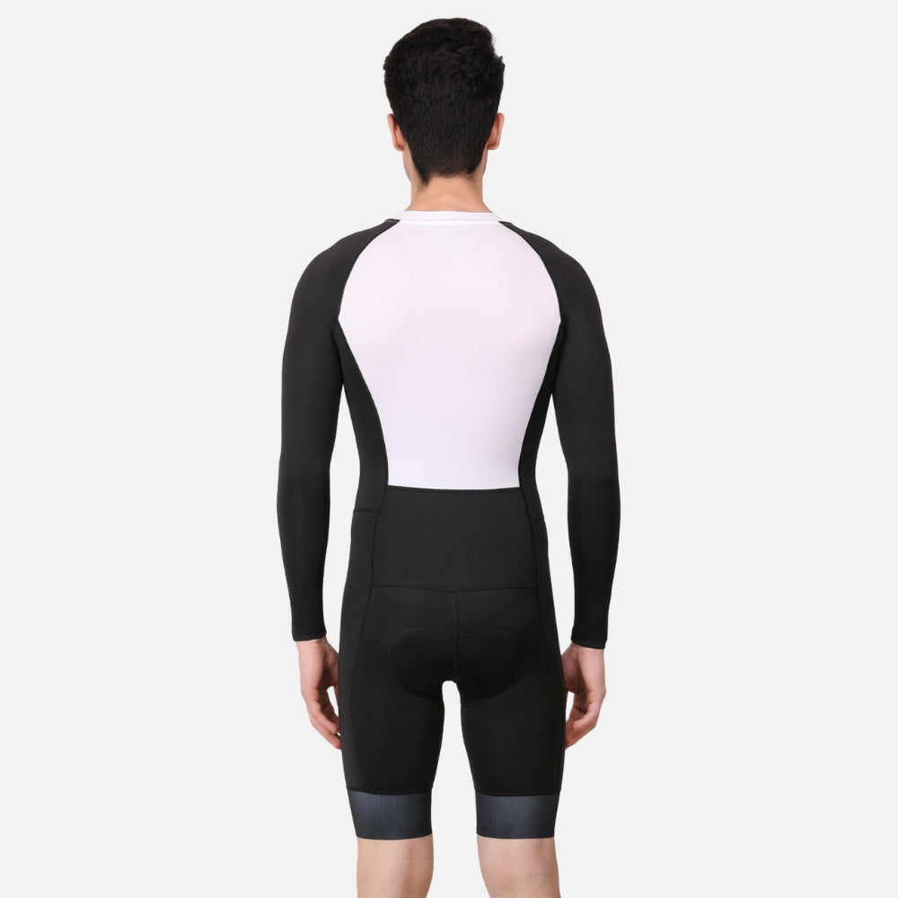 Back view of the Aerodoc White Men Triathlon Suit featuring a streamlined fit and quick-dry fabric for optimal performance.