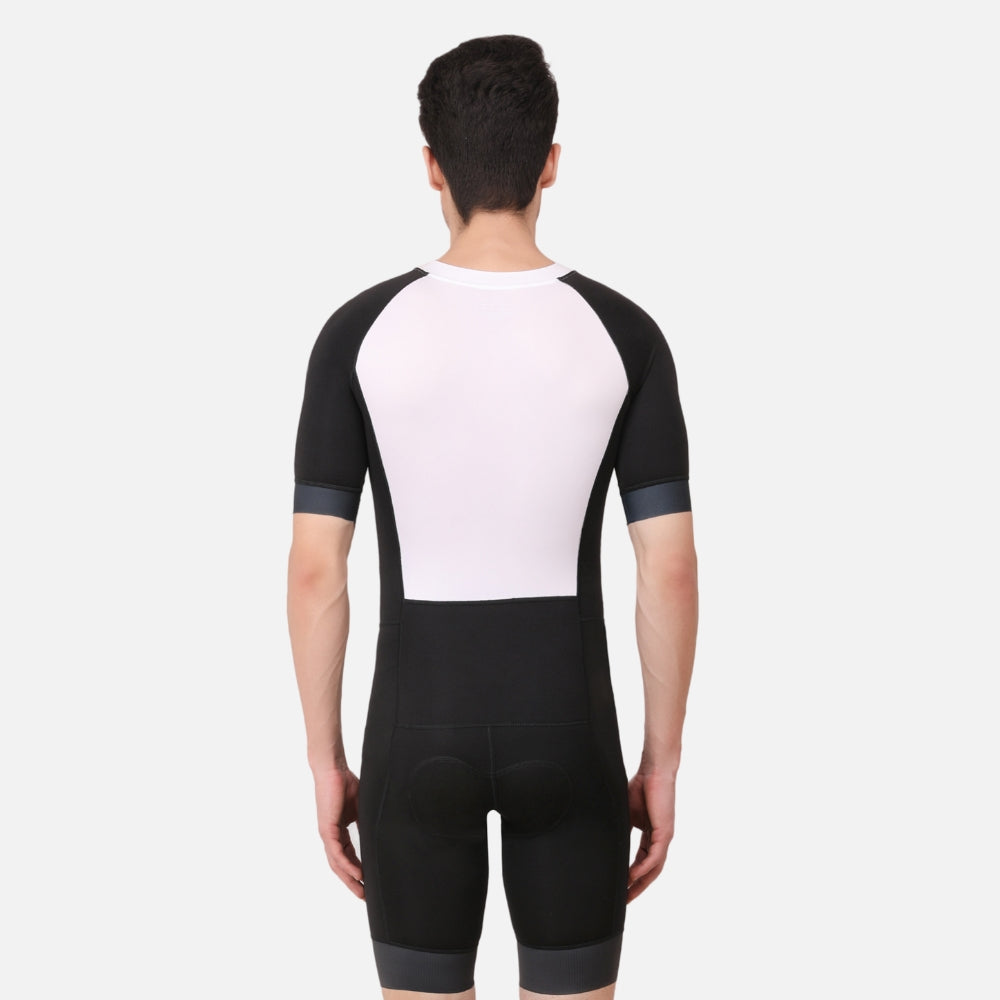 Full-body back view of the Aerodoc White Men Triathlon Suit showcasing its professional design for triathlons.