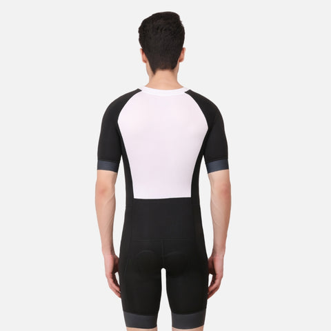 Full-body back view of the Aerodoc White Men Triathlon Suit showcasing its professional design for triathlons.