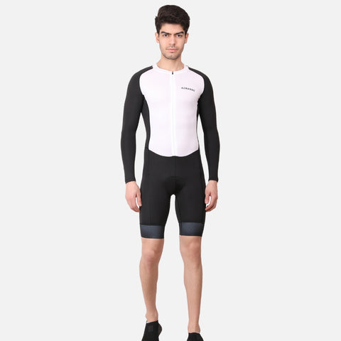 Full-body view of the Aerodoc White Men Triathlon Suit displaying its sleek white tone and race-ready fit.