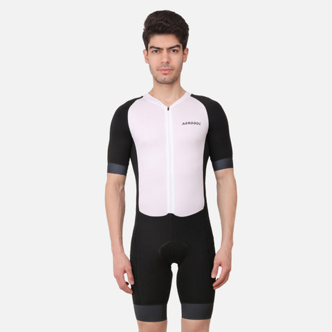 Full-body view of the Aerodoc White Men Triathlon Suit displaying its sleek white tone and race-ready fit