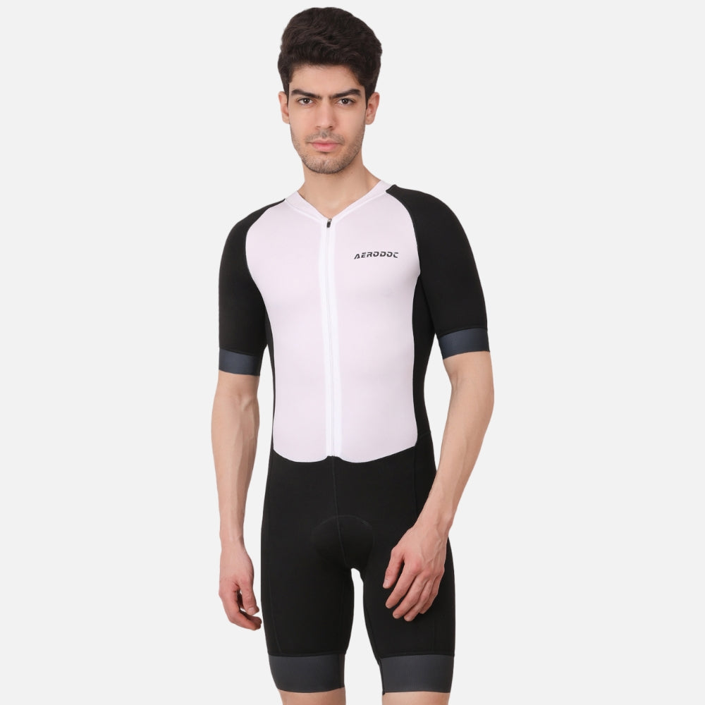 Full-body view of the half sleeves Aerodoc White Men Triathlon Suit displaying its sleek white tone and race-ready fit