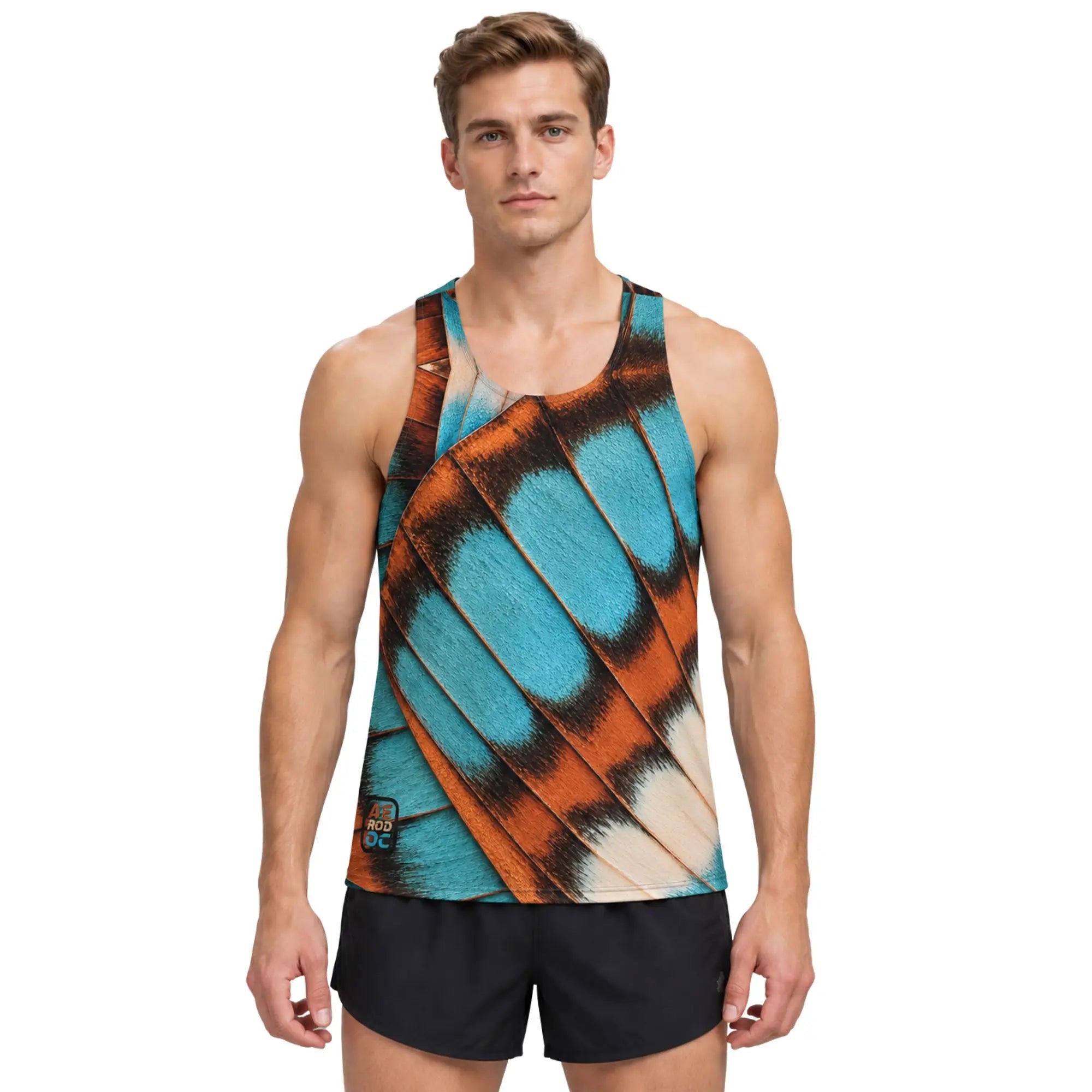 AeroWing men's teal butterfly wing running tank top front view