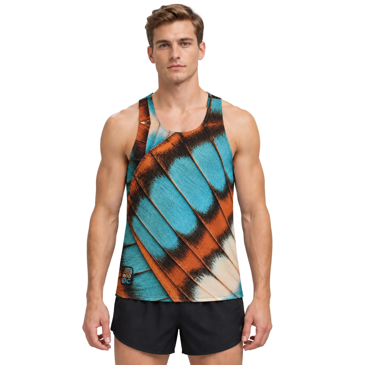 AeroWing men's teal butterfly wing running tank top front view