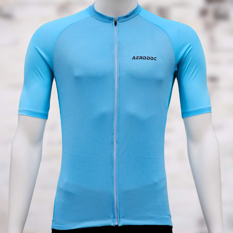 Aerodoc Glide Light Blue Cycling jersey with waterproof zipper pocket