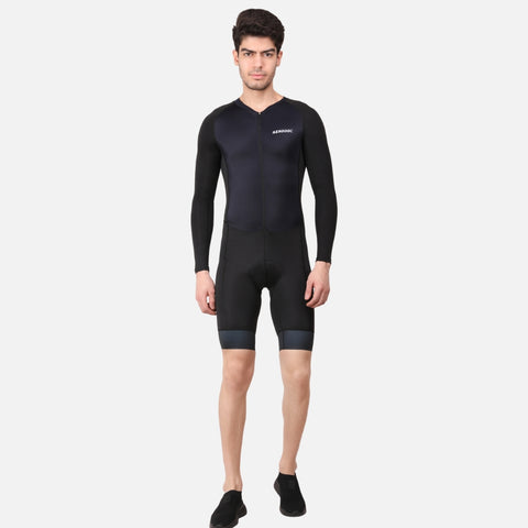  Full front view of the Aerodoc Blatic Sea Men Triathlon Suit showcasing its sleek design and race-fit style.