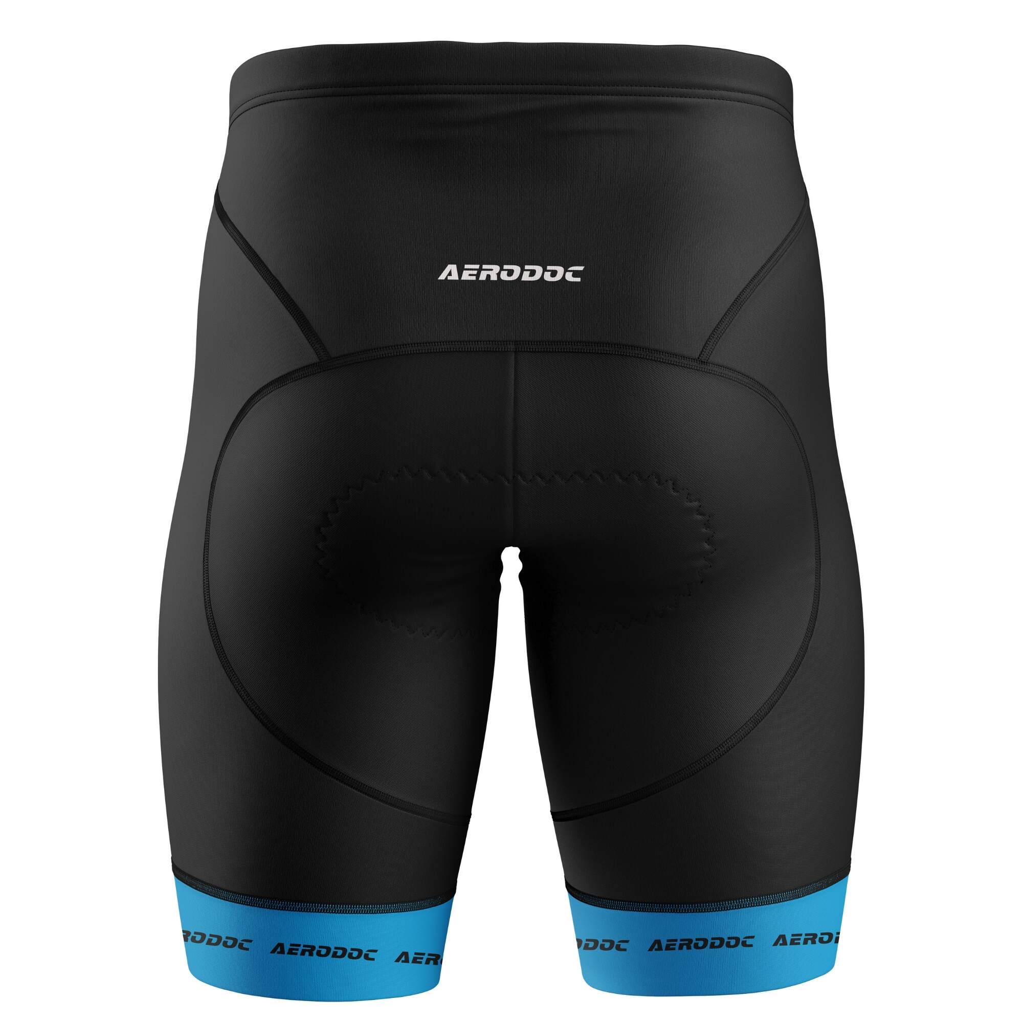 Black cycling shorts with blue branding details – back view