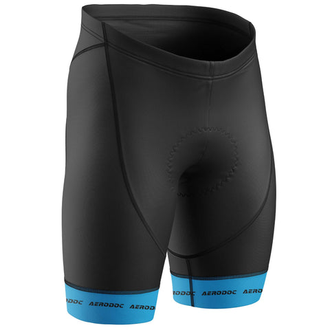 Black cycling shorts with blue leg grippers – front view